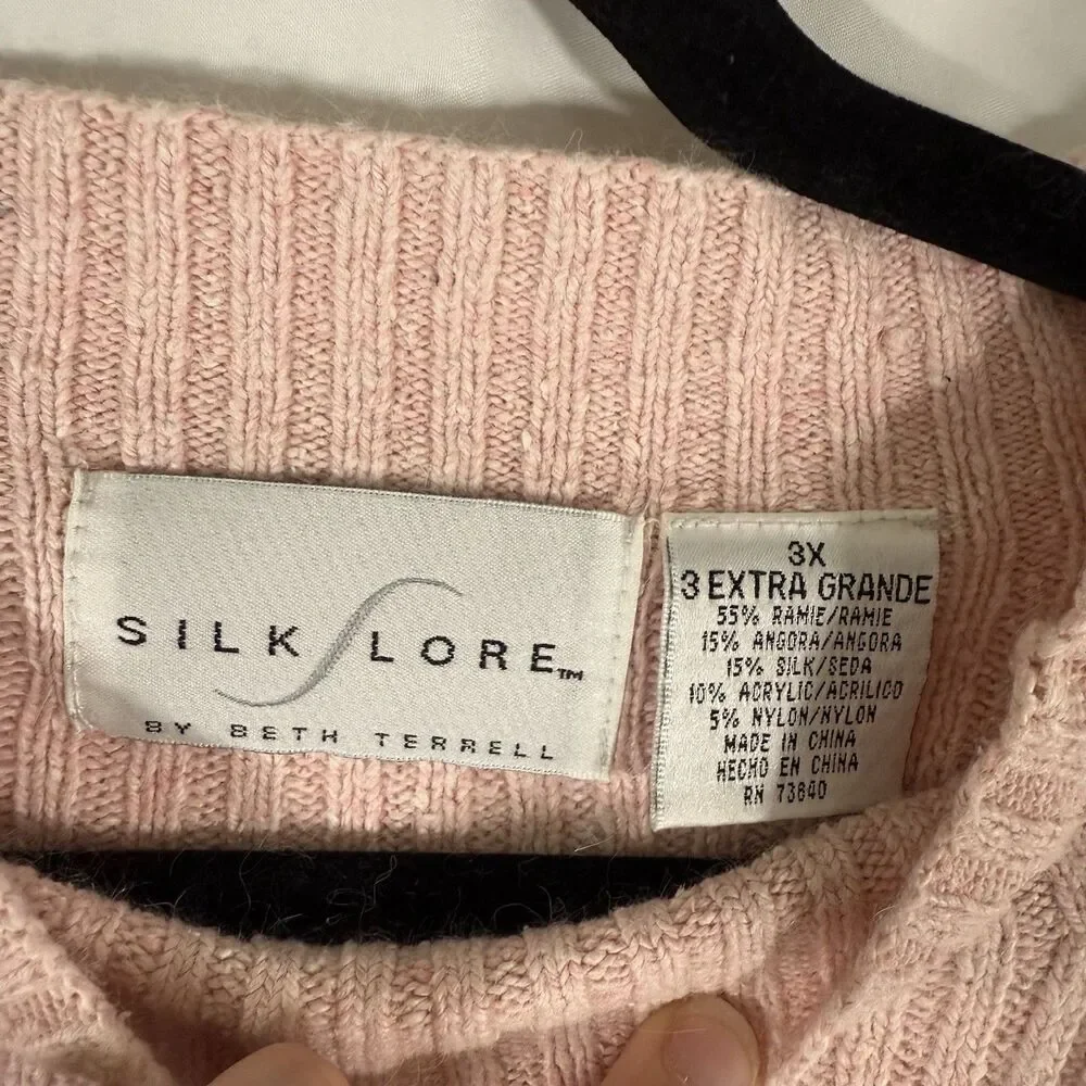 Silk Lore Sweater Women's 3X Pink Ribeed Knit High Neck Ramie Silk Blend